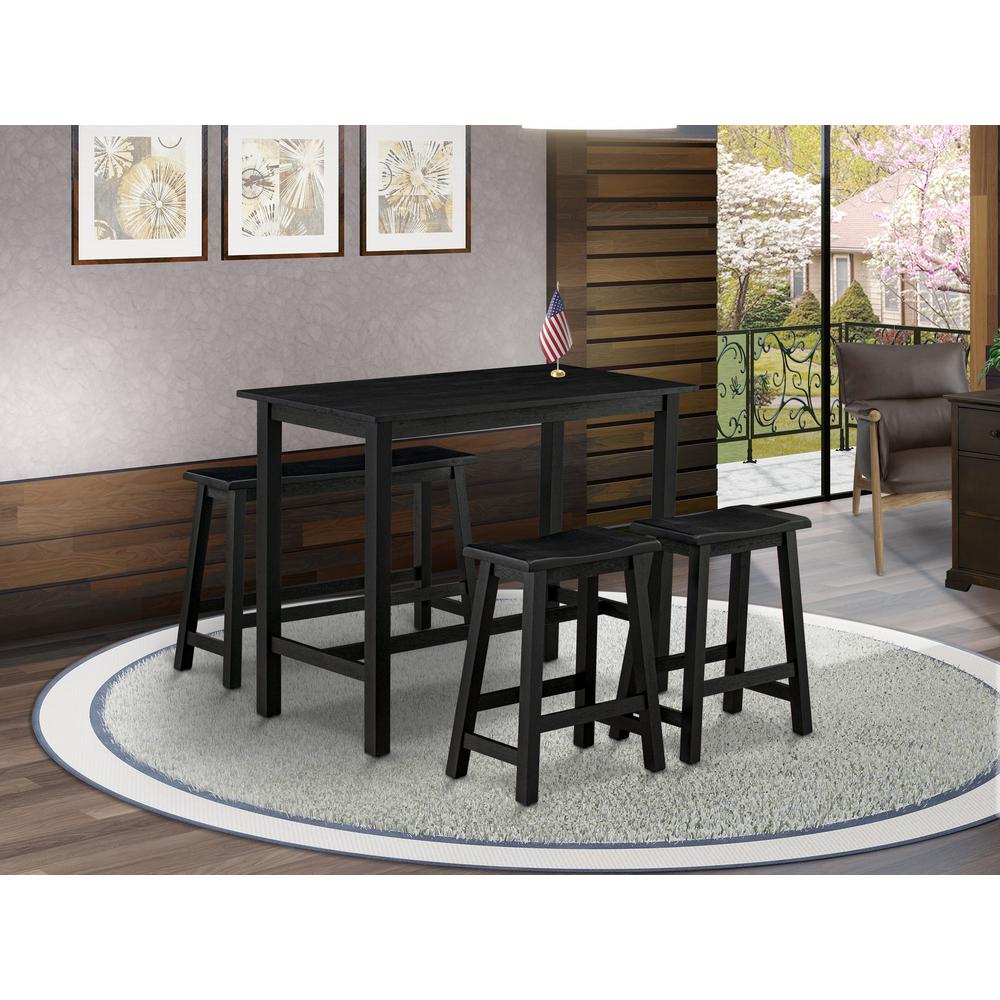 East West Furniture 4 Piece Dining Room Table Sets Includes a Wood Dining Table, 2 Kitchen Stools with a Mid Century Modern Bench - Wire brushed Black Finish. Picture 1
