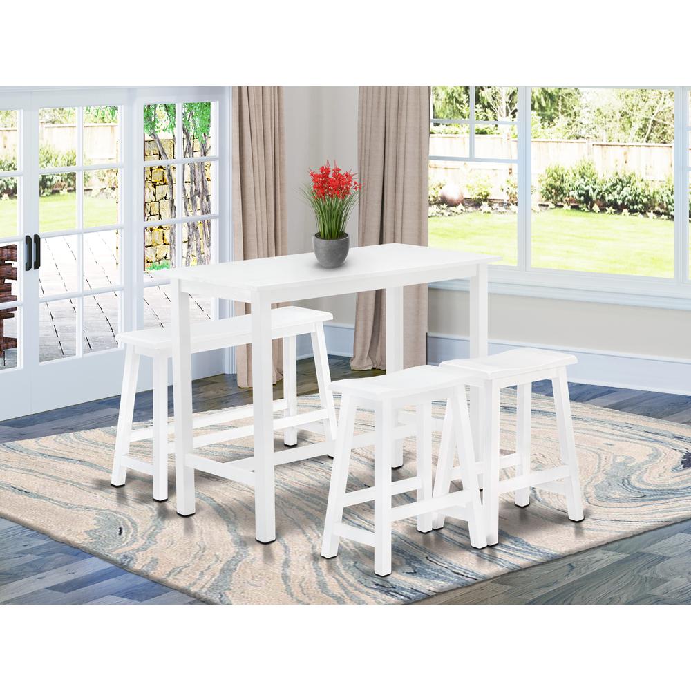 East West Furniture 4 Piece Mid Century Dining Set Contains a Dining Table, 2 Kitchen Stools with a Kitchen Bench - Wire Brushed Bright White Finish. Picture 1