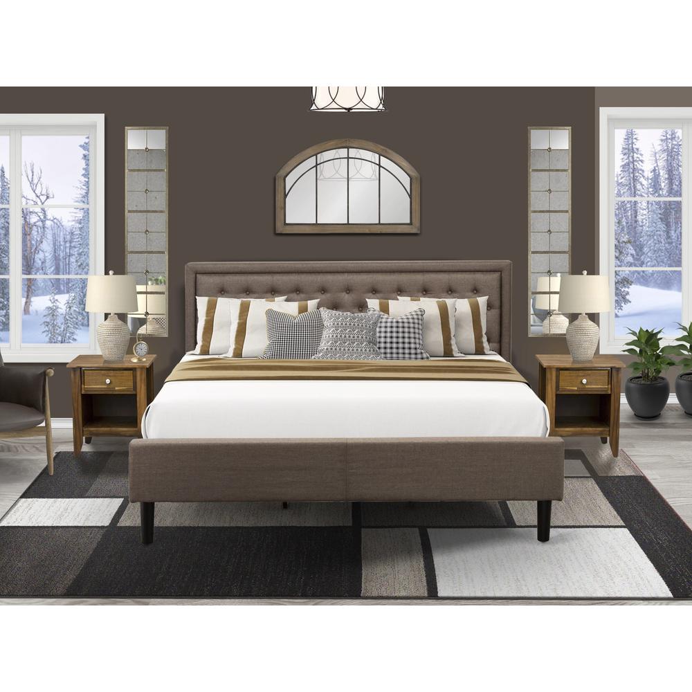 KD18K-2GA08 3 Piece Bedroom Set - King Platform Bed Brown Headboard with 2 Night Stand - Black Finish Legs. Picture 1