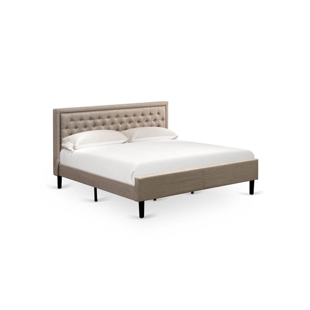 East West Furniture KDF-16-K Platform King Size Bed - Dark Khaki Linen Fabric Upholestered Bed Headboard with Button Tufted Trim Design - Black Legs. Picture 1
