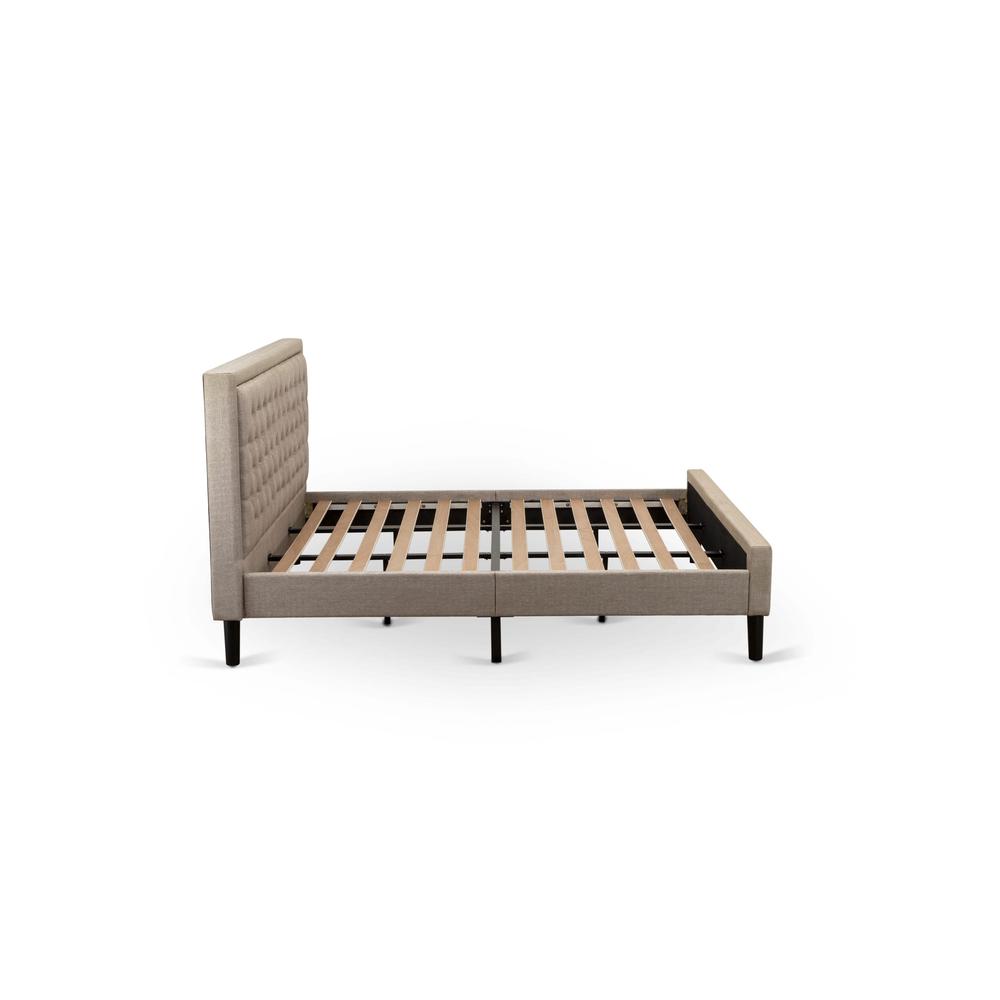East West Furniture KDF-16-K Platform King Size Bed - Dark Khaki Linen Fabric Upholestered Bed Headboard with Button Tufted Trim Design - Black Legs. Picture 4