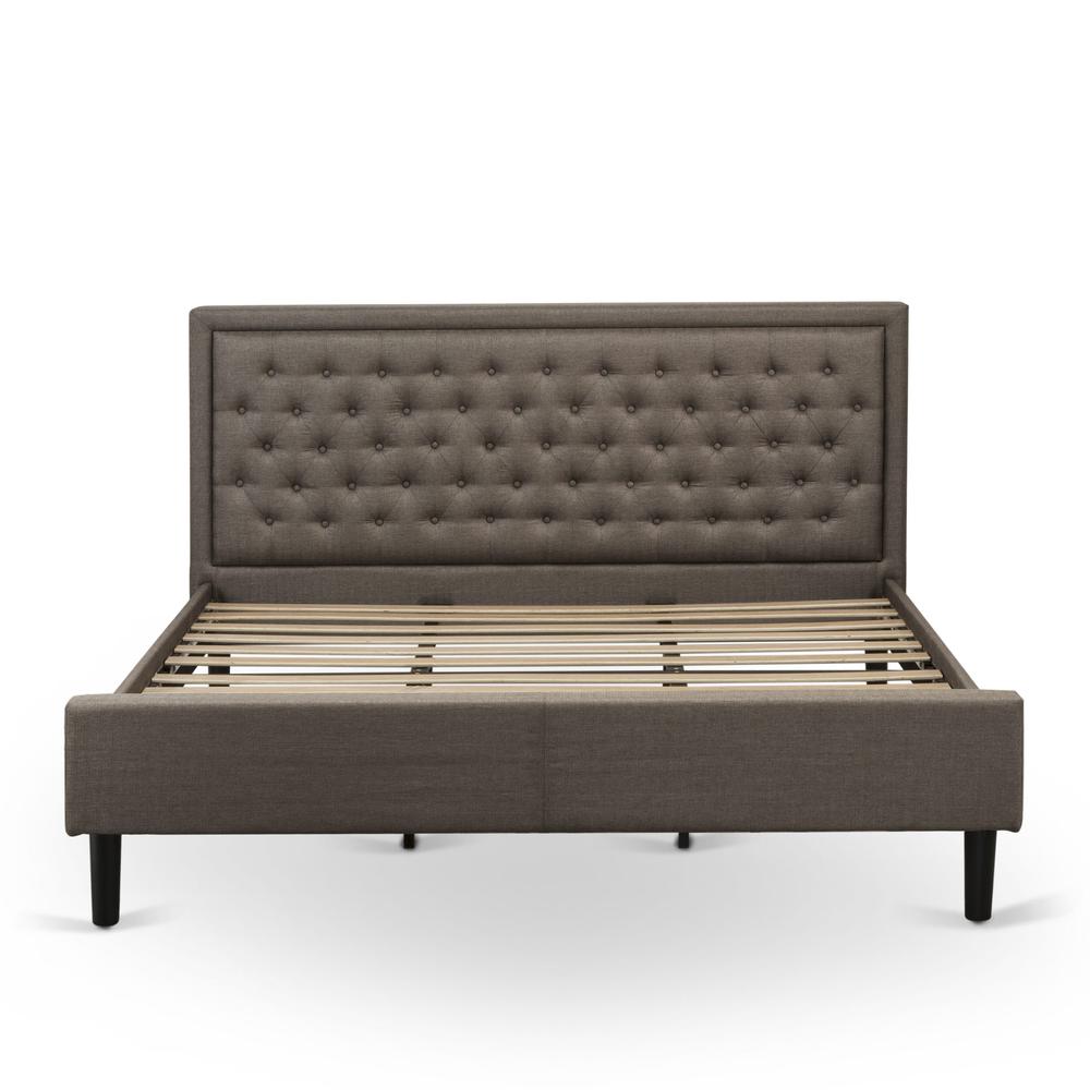East West Furniture KDF-18-K Platform King Bed Frame Wood - Brown Linen Fabric Upholestered Bed Headboard with Button Tufted Trim Design - Black Legs. Picture 2