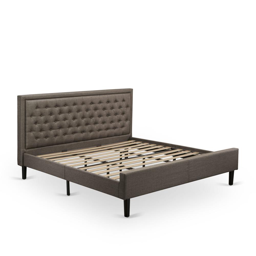 East West Furniture KDF-18-K Platform King Bed Frame Wood - Brown Linen Fabric Upholestered Bed Headboard with Button Tufted Trim Design - Black Legs. Picture 3