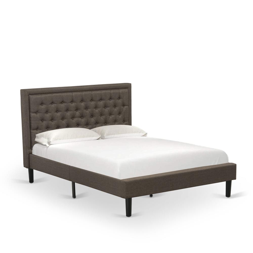 East West Furniture KDF-18-Q Platform Queen Bed Frame - Brown Linen Fabric Upholestered Bed Headboard with Button Tufted Trim Design - Black Legs. Picture 1