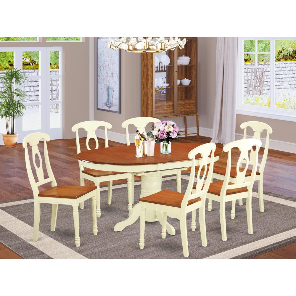 East West Furniture KENL7-WHI-W 7 Piece Modern Dining Table Set Consist of an Oval Wooden Table with Butterfly Leaf and 6 Kitchen Dining Chairs, 42x60 Inch, Buttermilk & Cherry. Picture 1