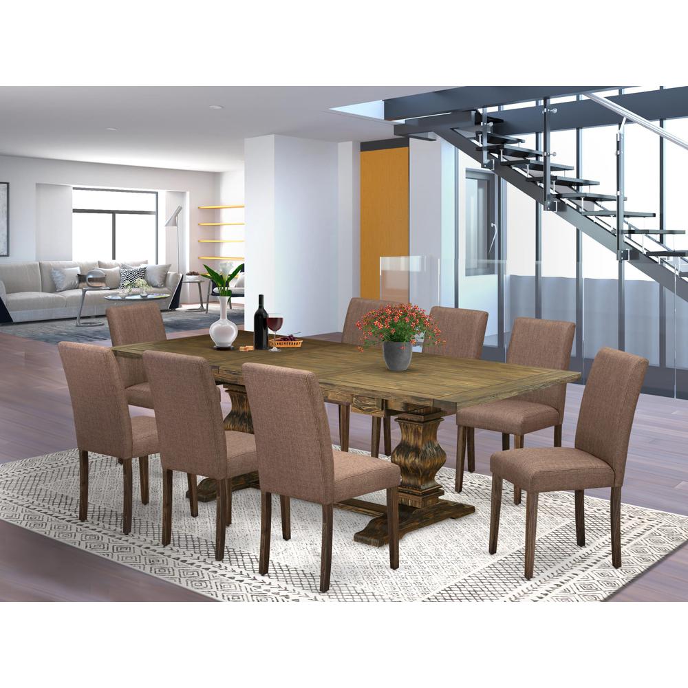 East West Furniture 7-Piece Mid Century Modern Dining Table Set-A Kitchen Table and 6Linen FabricDining Room Chairs with High Back - Distressed Jacobean Finish. Picture 1