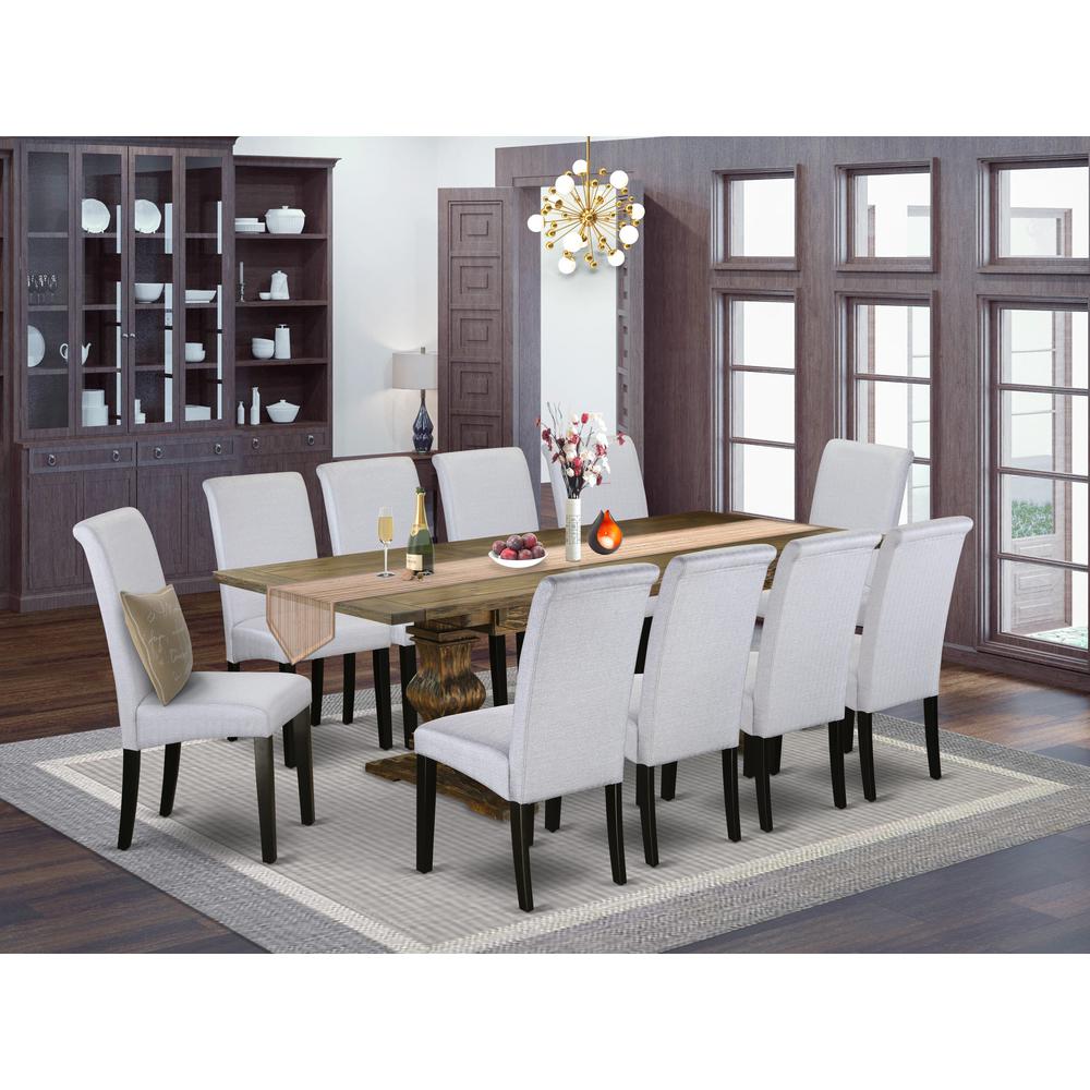 East West Furniture 11-Piece Dining Room Set Consists of a Rectangular Dining Table and 10 Grey Linen Fabric Padded Chairs with High Back - Distressed Jacobean Finish. Picture 1