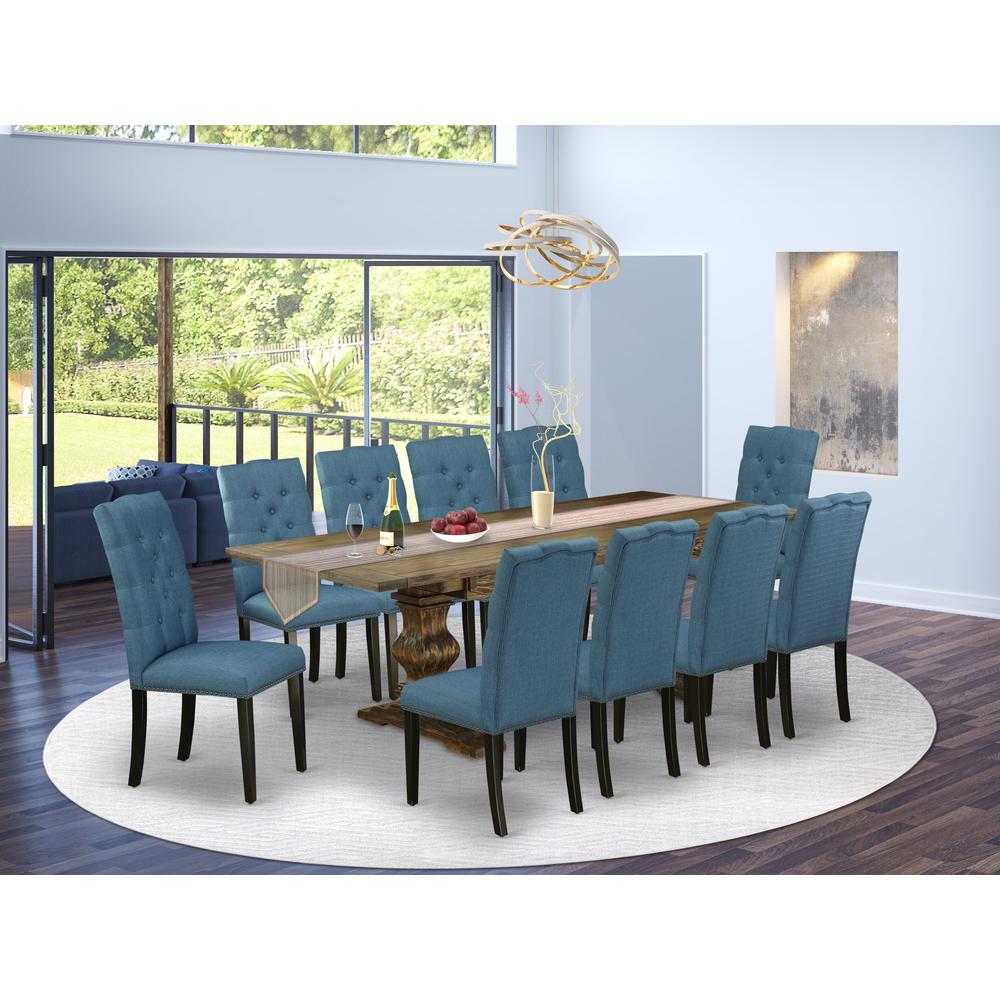 East West Furniture 11-Piece Mid Century Modern Dining Set Contains a Dining Table and 10 Mineral Blue Linen Fabric Dining Chairs with Button Tufted Back - Distressed Jacobean Finish. Picture 1