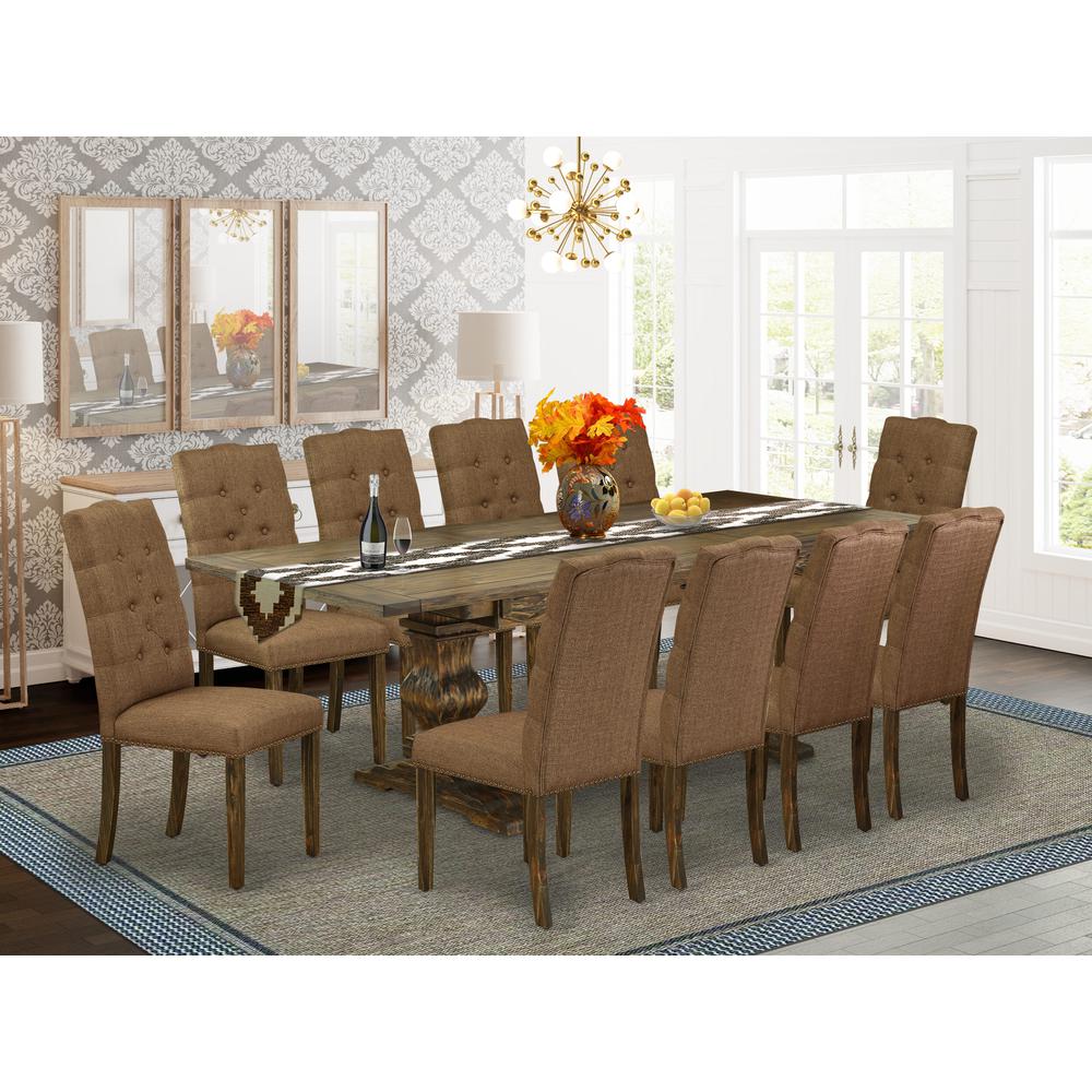 East West Furniture 11-Piece Dining Table Set Includes a Dining Room Table and 10 Brown Linen Fabric Upholstered Chairs with Button Tufted Back - Distressed Jacobean Finish. Picture 1