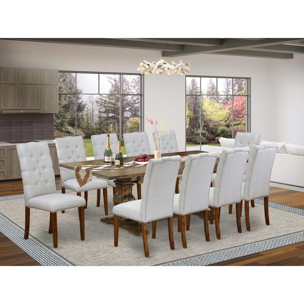 East West Furniture 11-Piece Dining Table Set Includes a Rectangular Dining Table and 10 Grey Linen Fabric Parson Chairs with Button Tufted Back - Distressed Jacobean Finish. Picture 1