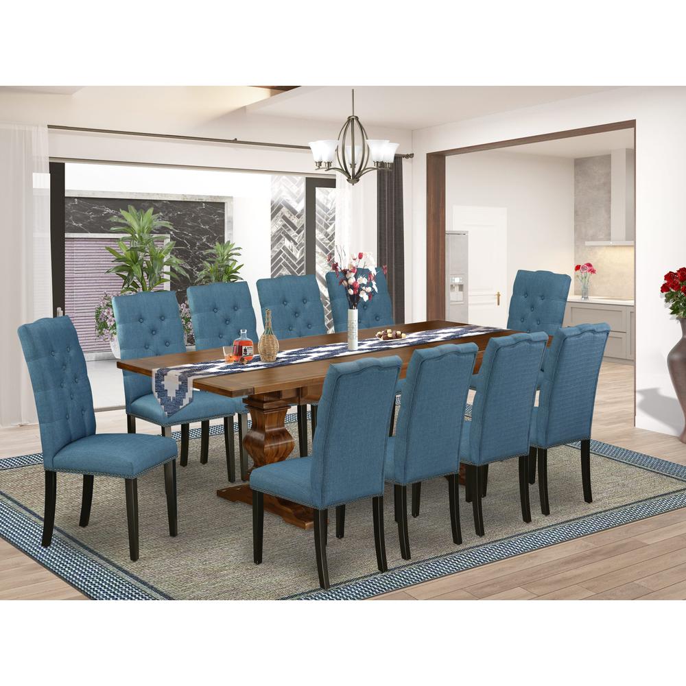 East West Furniture 11-Pieces Kitchen Table Set - A Butterfly Leaf Double Pedestal Dinner Table and 10 Blue Linen Fabric Dining Chairs with Button Tufted Back - Antique Walnut Finish. Picture 1