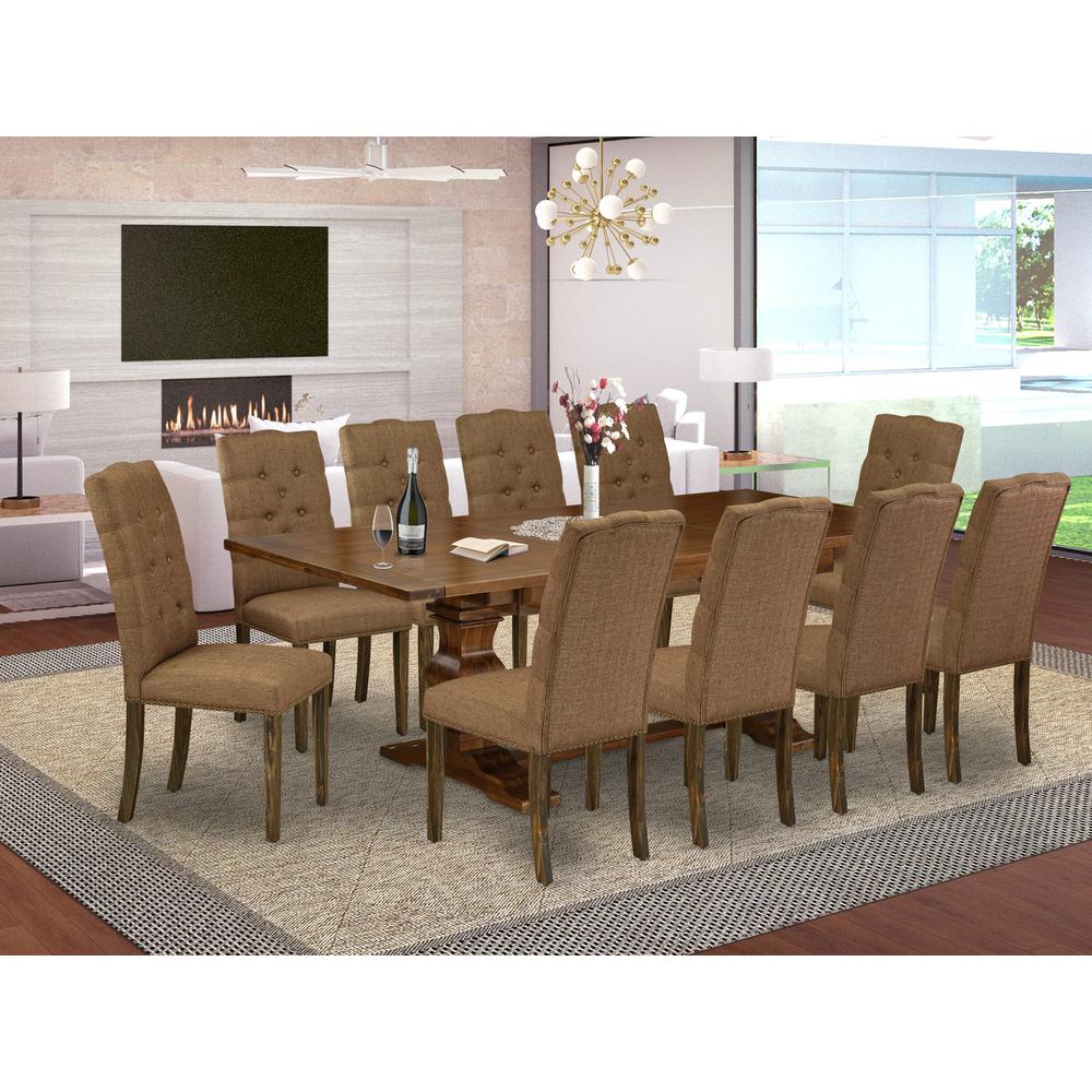 East West Furniture 11-Pc Dining Set - A Butterfly Leaf Double Pedestal Wooden Dining Table and 10 Brown Linen Fabric Dining Chairs with Button Tufted Back - Antique Walnut Finish. Picture 1