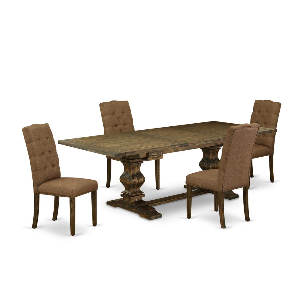 5- pc dining table set with Chair’s Legs and Brown Beige Linen Fabric. Picture 1