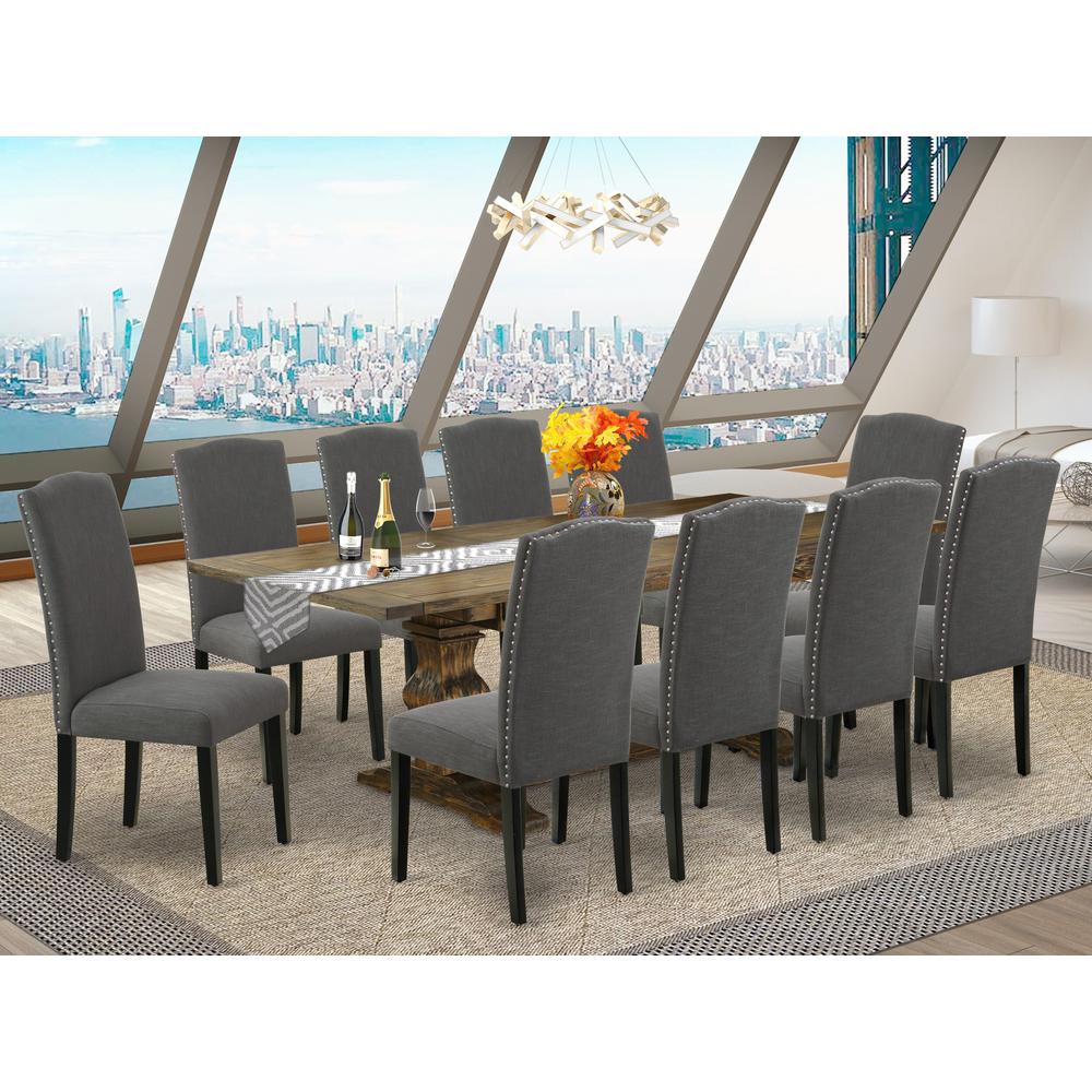East West Furniture 11-Pc Mid Century Dining Set Includes a Wooden Table and 10 Dark Gotham Grey Linen Fabric Upholstered Chairs with High Back - Distressed Jacobean Finish. Picture 1