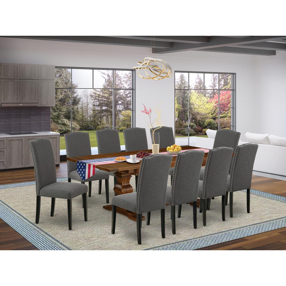 East West Furniture 11-Pieces Modern Dining Set - A Butterfly Leaf Double Pedestal Table and 10 Dark Gotham Grey Linen Fabric Dining Chairs with High Back - Antique Walnut Finish. Picture 1