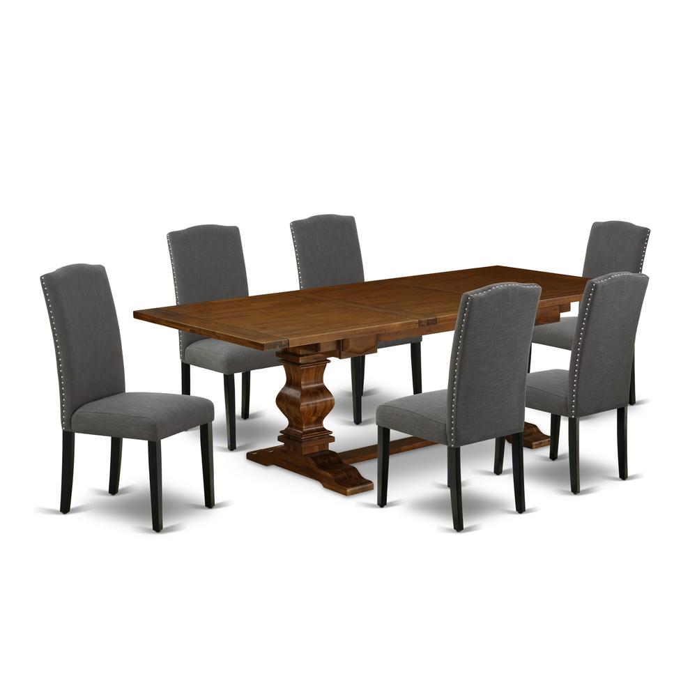 7-pc dining table set with Chair’s Legs and Dark Gotham Gray Linen Fabric. Picture 1