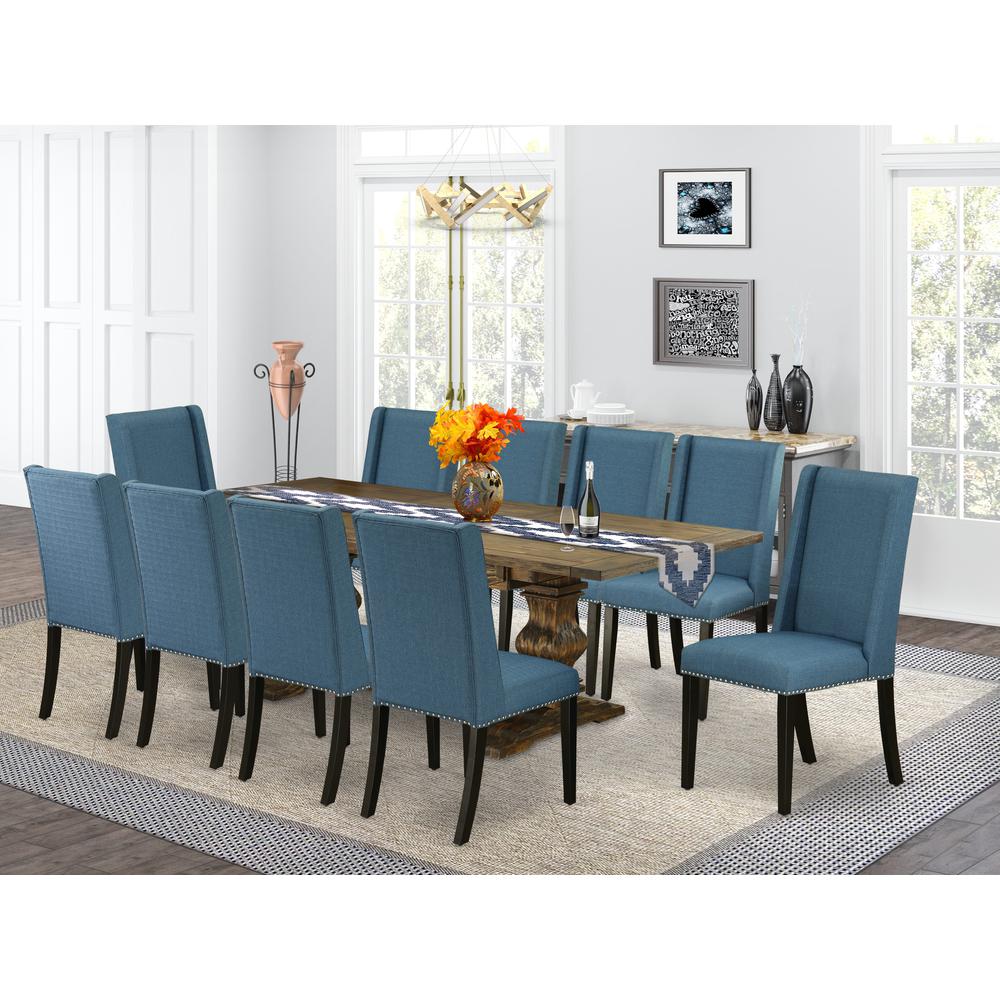East West Furniture 11-Piece Modern Dining Table Set Includes a Dining Table and 10 Mineral Blue Linen Fabric Parson Dining Chairs with High Back - Distressed Jacobean Finish. Picture 2