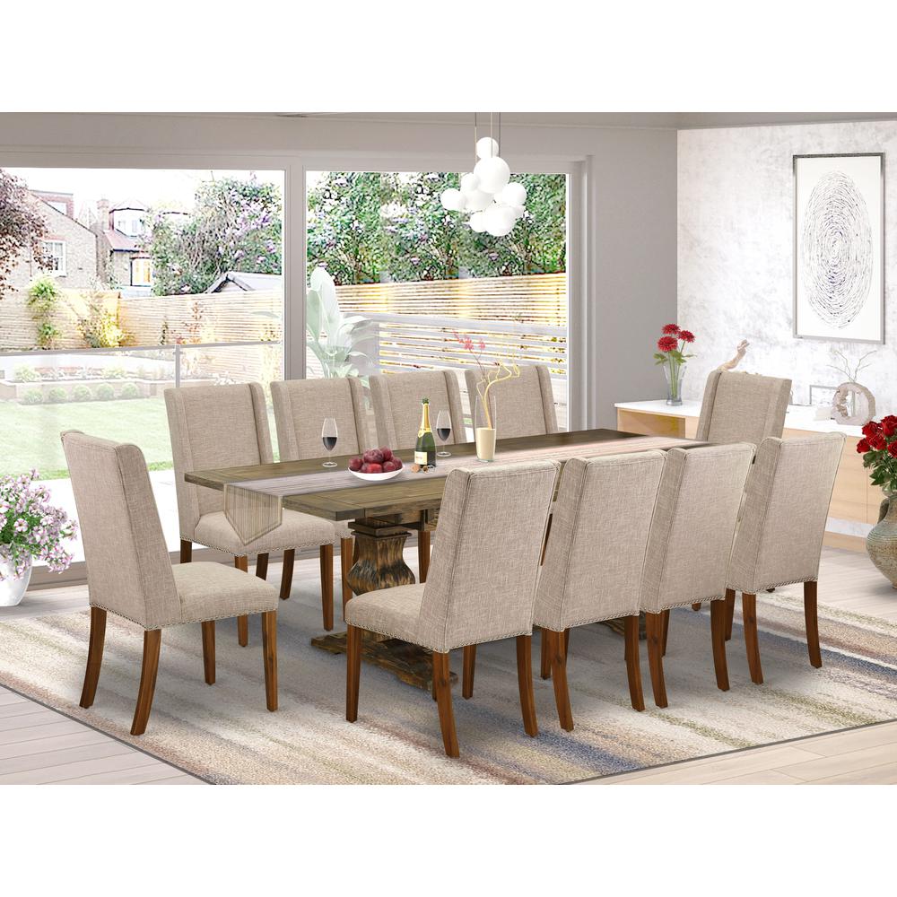 East West Furniture 11-Piece Dining Room Table Set Consists of a Rectangular Table and 10 Light Tan Linen Fabric Parson Chairs with High Back - Distressed Jacobean Finish. Picture 1