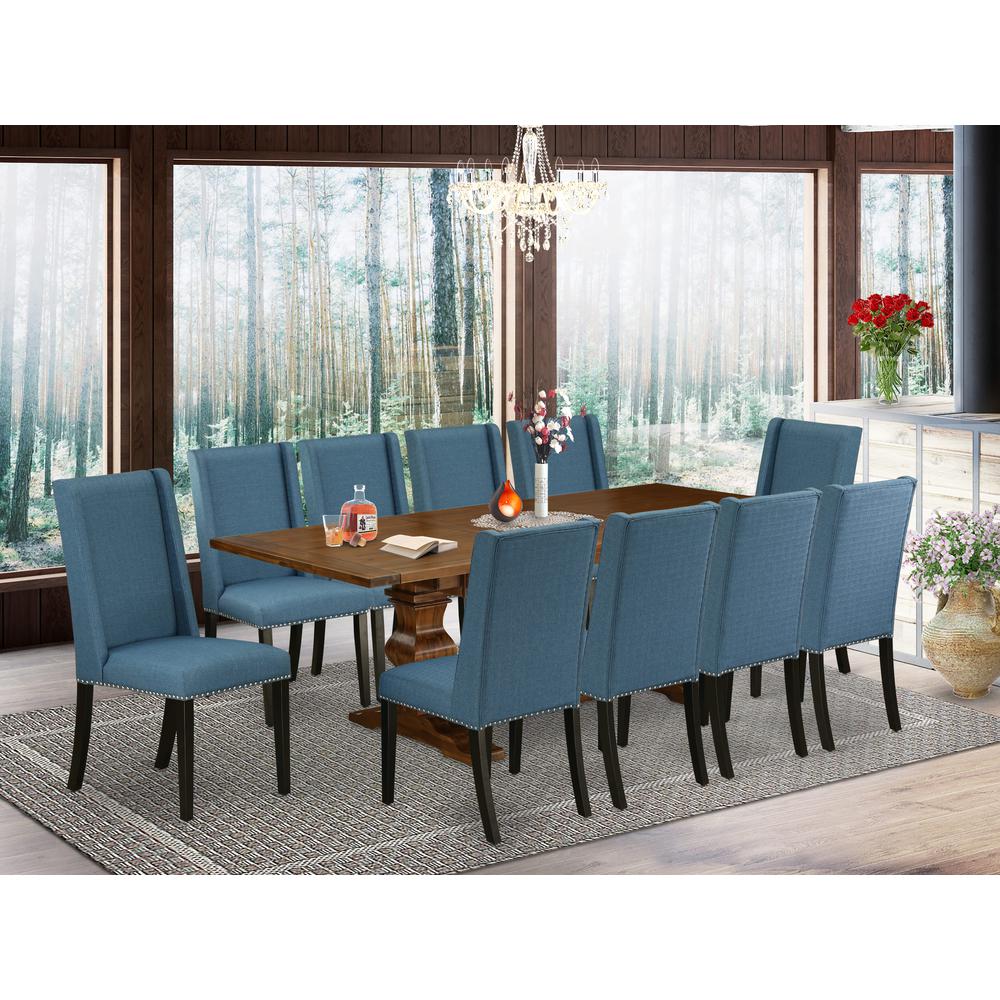 East West Furniture 11-Pieces Dining Set - A Butterfly Leaf Double Pedestal Modern Dining Table and 10 Blue Linen Fabric Dining Chairs with Stylish Chair Back- Antique Walnut Finish. Picture 2