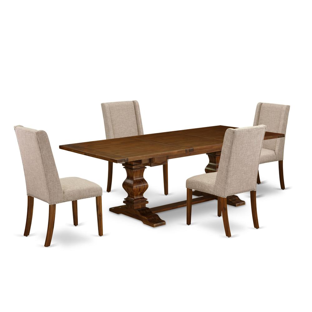 5-pc wood dining table set with Chair’s Legs and Clay Linen Fabric. Picture 1