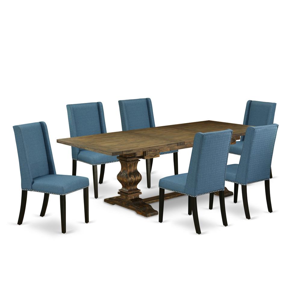 7-pc dining set with Chair’s Legs and Mineral Blue Linen Fabric. Picture 1