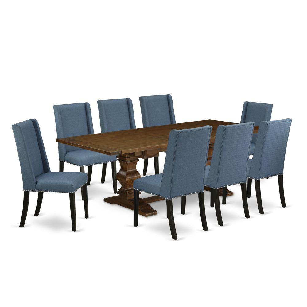 9-pc dining table set with Chair’s Legs and Mineral Blue Linen Fabric. Picture 1