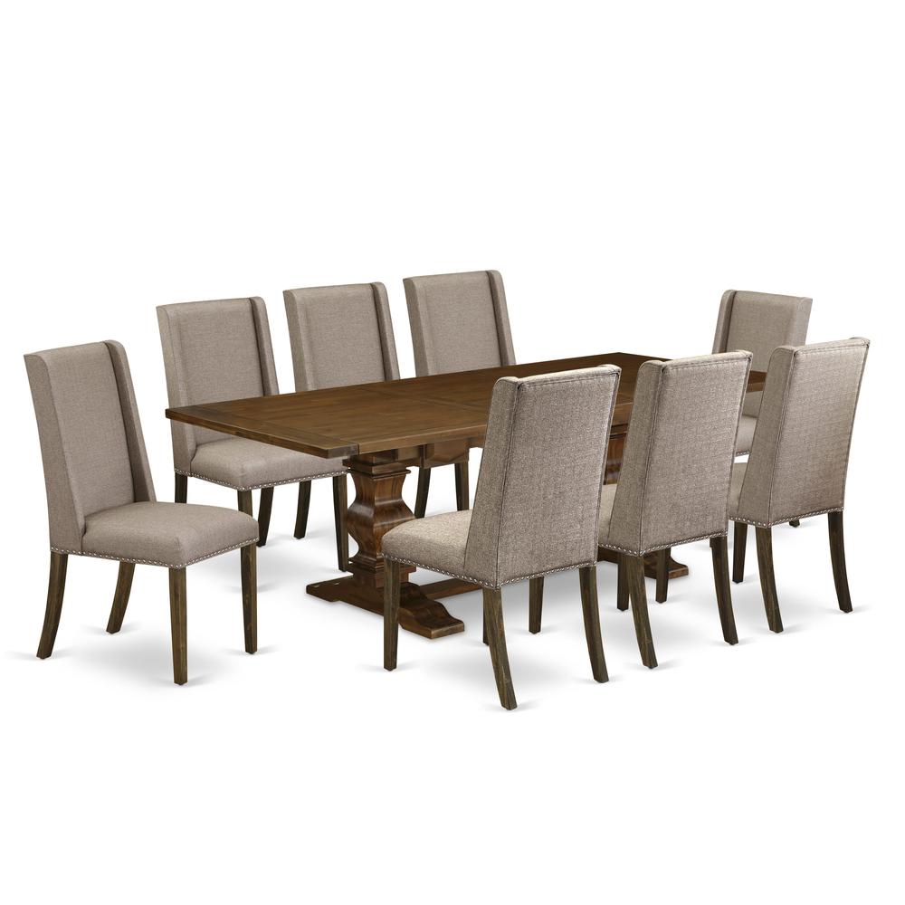 9-piece dining set with Chair’s Legs and Dark Khaki Linen Fabric. Picture 1