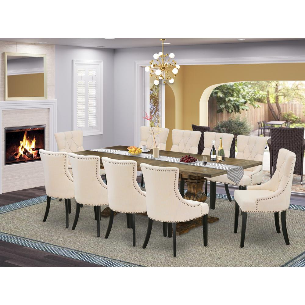 East West Furniture 11-Piece Modern Dining Set Consists of a Dining Room Table and 10 Light Beige Linen Fabric Dining Chairs with Button Tufted Back - Distressed Jacobean Finish. Picture 1