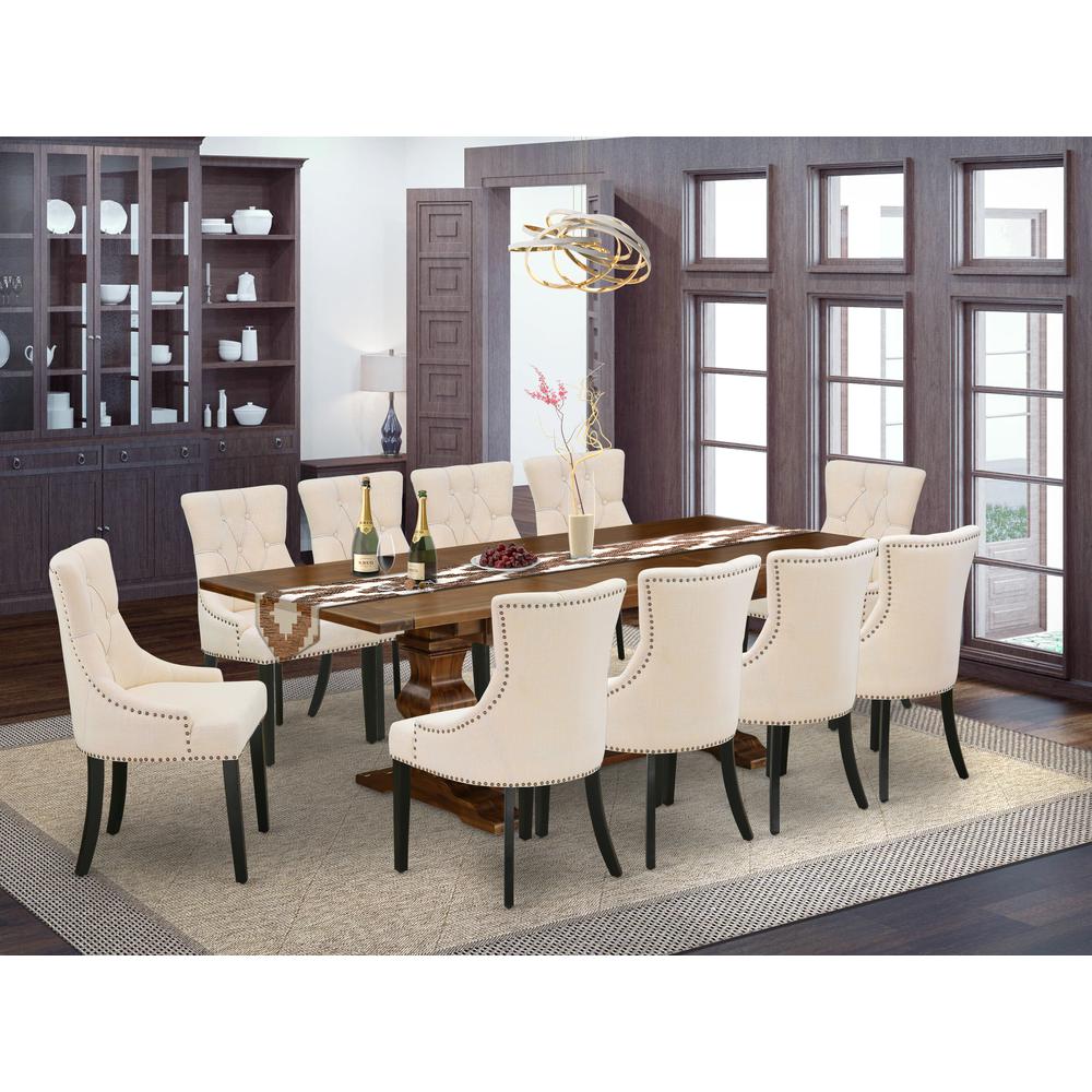 East West Furniture 11-Pieces Dinette Set - A Butterfly Leaf Double Pedestal Wooden Table and 10 Light Beige Linen Fabric Kitchen Chairs with Button Tufted Back - Antique Walnut Finish. Picture 1