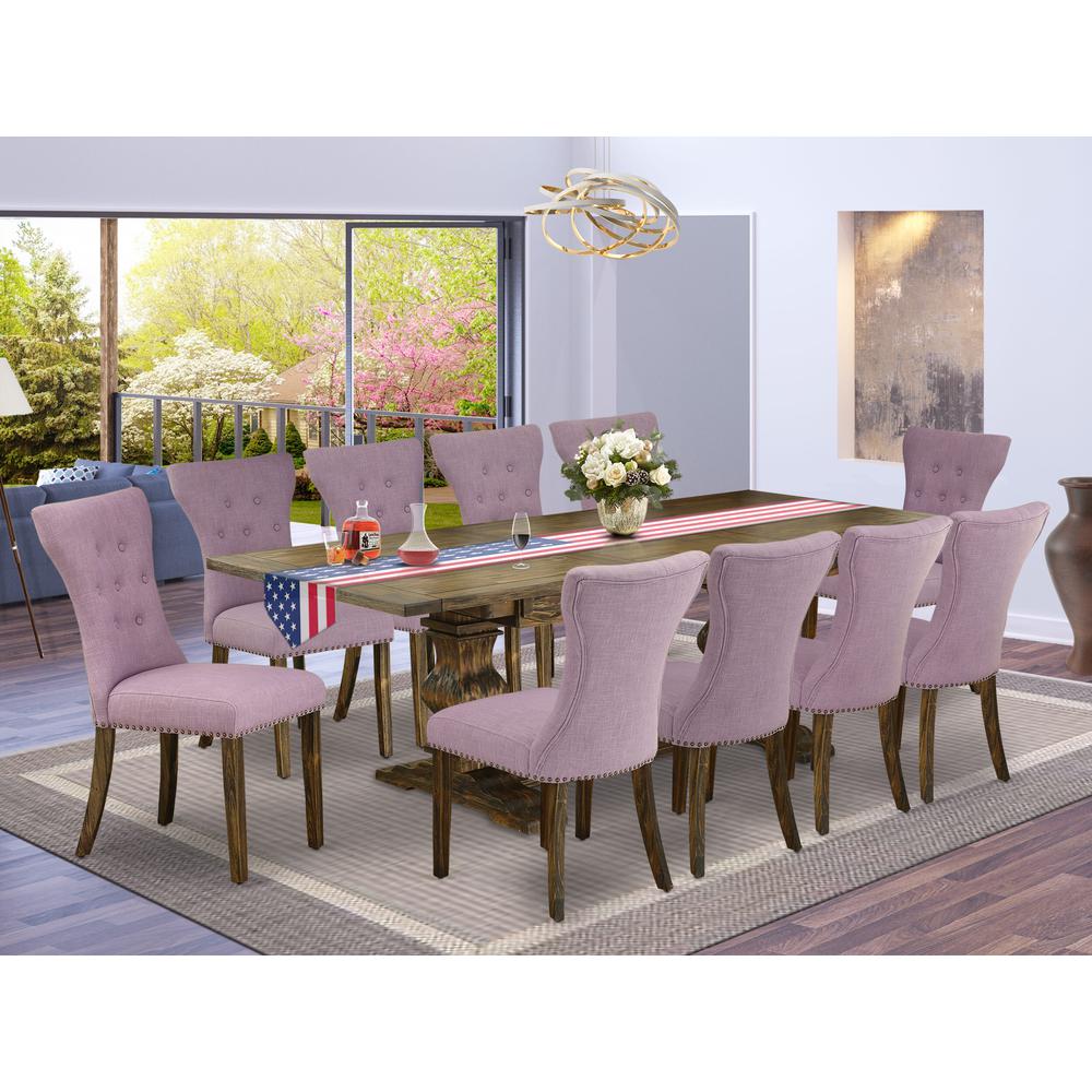 East West Furniture 11-Piece Kitchen Table Set Contains a Wooden Table and 10 Dahlia Linen Fabric Dining Room Chairs with Button Tufted Back - Distressed Jacobean Finish. Picture 1