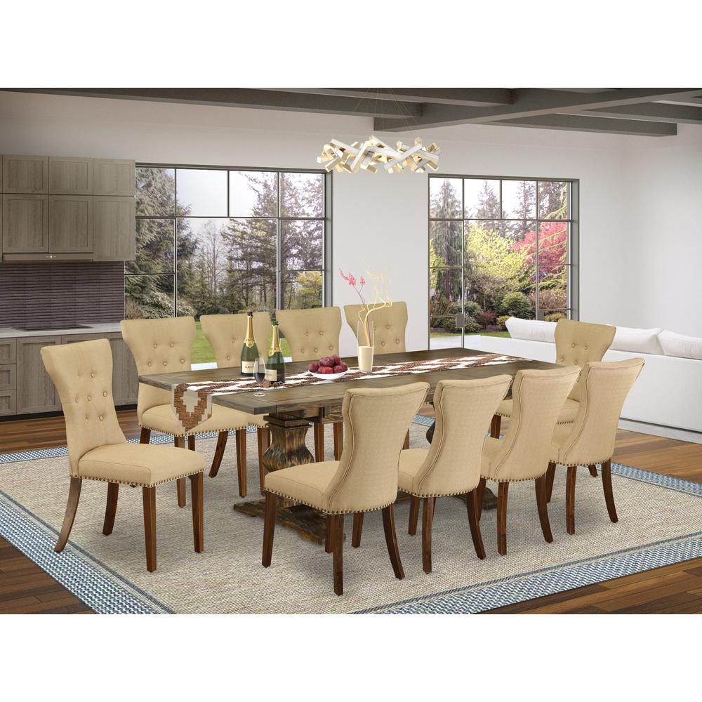 East West Furniture 11-Piece Kitchen Table Set Contains a Mid Century Dining Table and 10 Brown Linen Fabric Dining Room Chairs with Button Tufted Back - Distressed Jacobean Finish. Picture 1