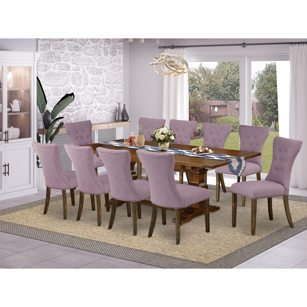 East West Furniture 11-Pc Dining Table Set - A Butterfly Leaf Double Pedestal Kitchen Table and 10 Dahlia Linen Fabric Modern Chairs with Button Tufted Back - Antique Walnut Finish. Picture 1