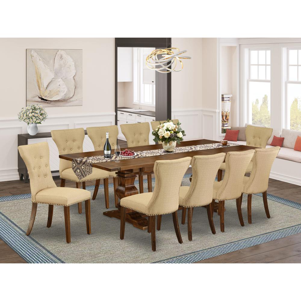 East West Furniture 11-Pieces Dining Set - A Butterfly Leaf Double Pedestal Dining Table and 10 Brown Linen Fabric Dining Chairs with button Tufted Back - Antique Walnut Finish. Picture 1