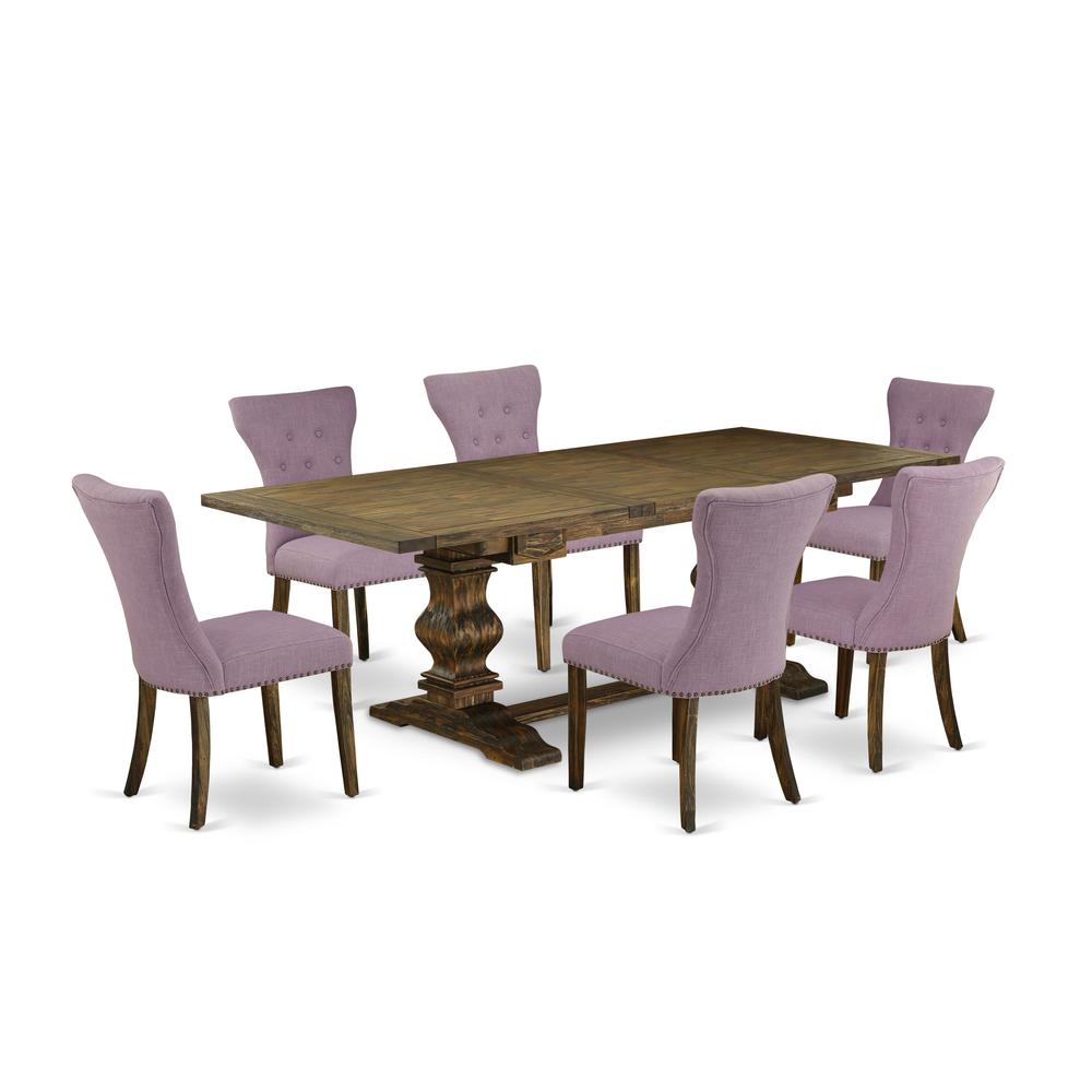 7-pieces kitchen table and chairs with Chair’s Legs and Dahlia Linen Fabric. Picture 1