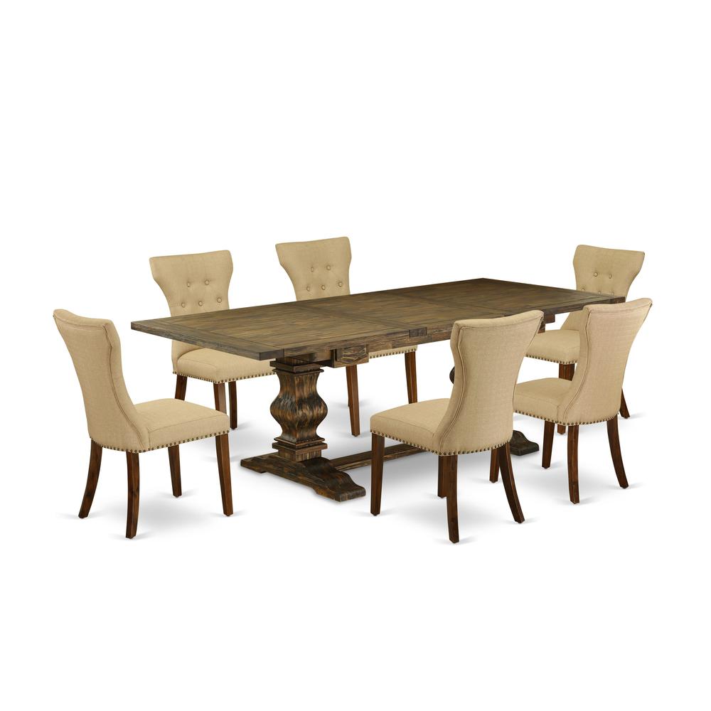 7-piece dining table set with Chair’s Legs and Brown Linen Fabric. Picture 1