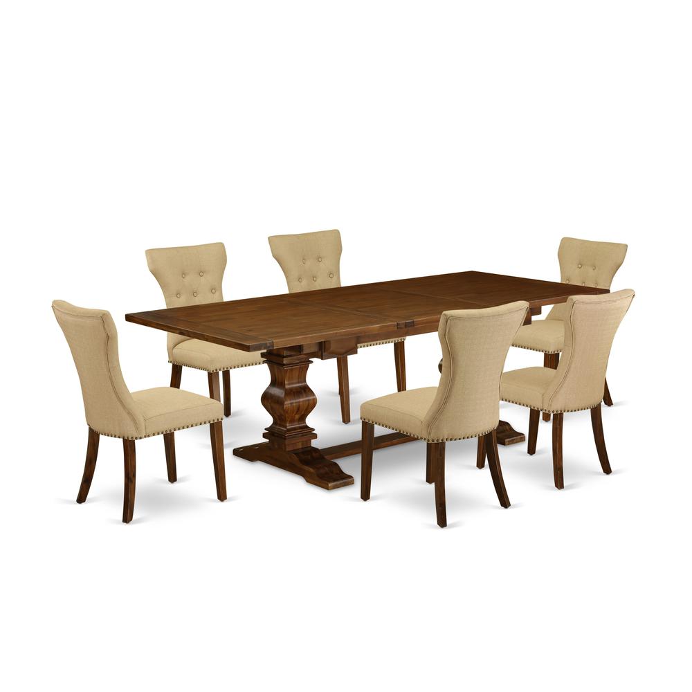 7-pc dining room table set with Chair’s Legs and Brown Linen Fabric. Picture 1