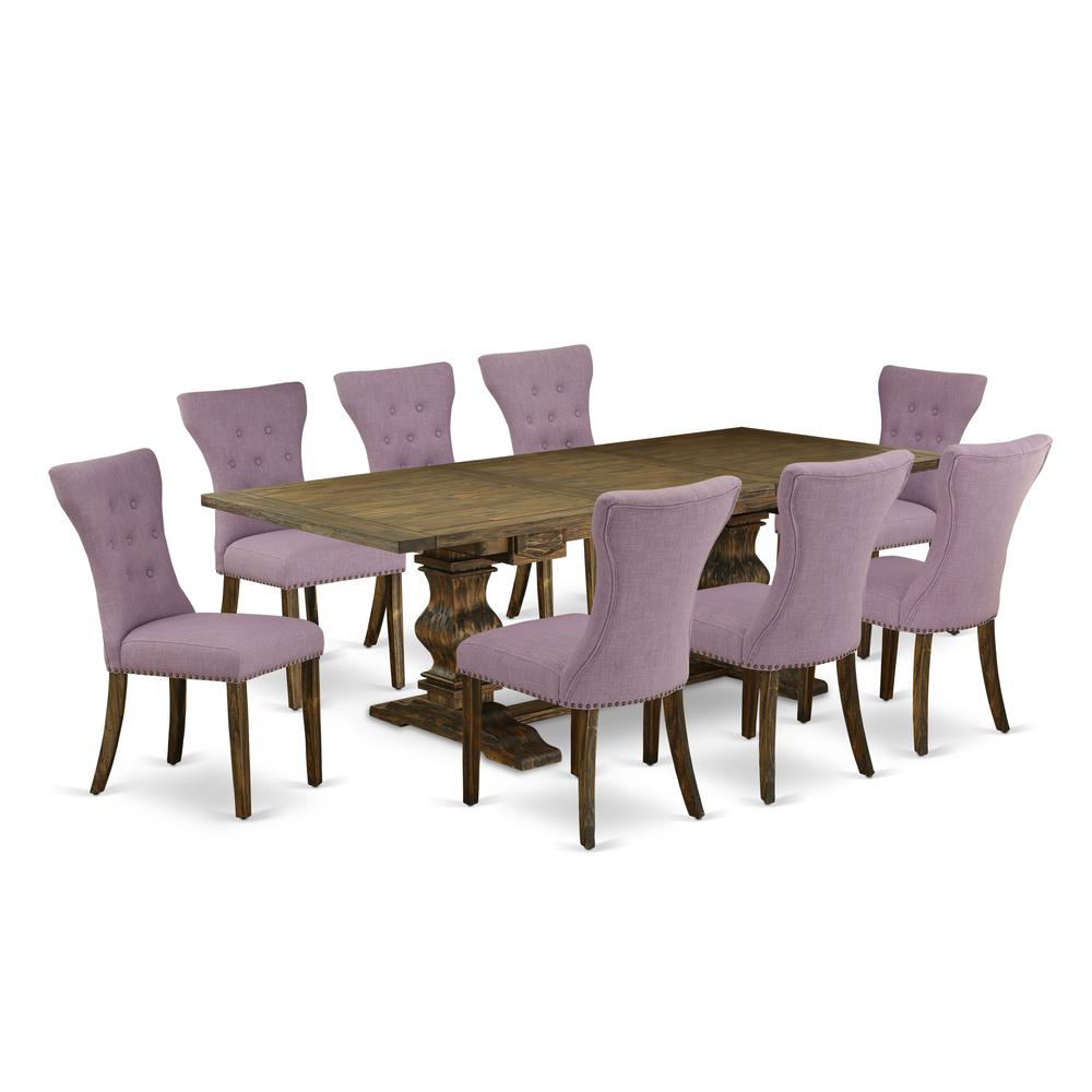 9-pieces dining table set with Chair’s Legs and Dahlia Linen Fabric. Picture 1