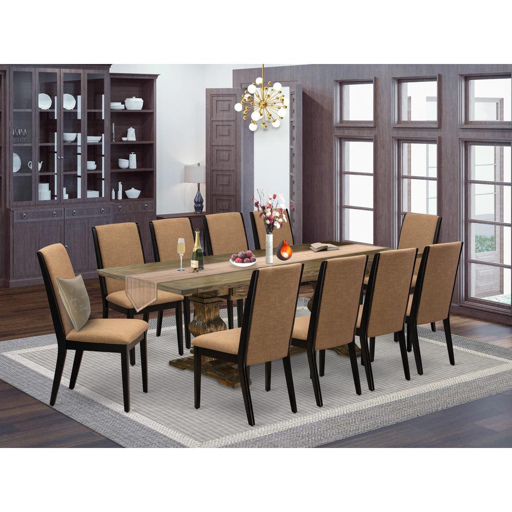 East West Furniture 11-Piece Dinner Table Set Consists of a Wooden Dining Table and 10 Light Sable Linen Fabric Dining Chairs with High Back - Distressed Jacobean Finish. Picture 1