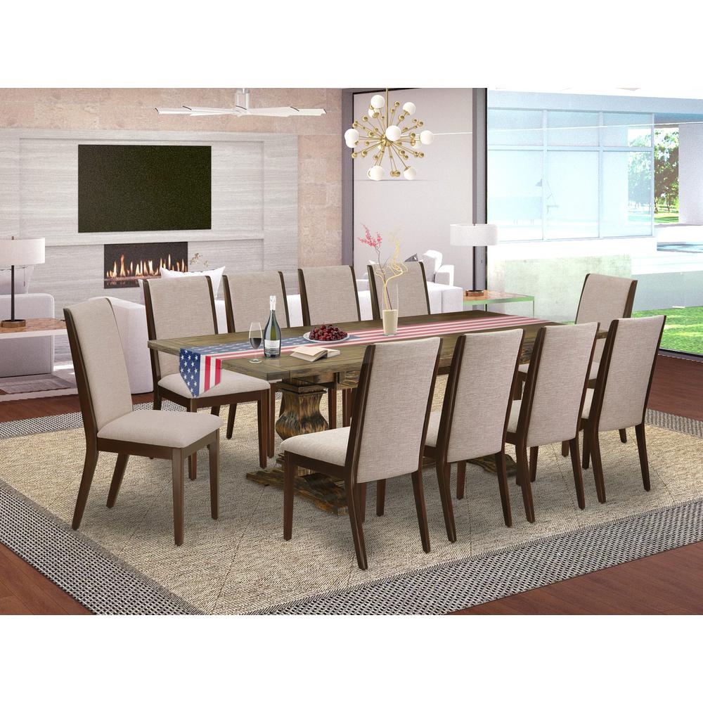 East West Furniture 11-Piece Kitchen Dining Table Set Contains a Rectangular Table and 10 Light Tan Linen Fabric Upholstered Chairs with High Back - Distressed Jacobean Finish. Picture 1