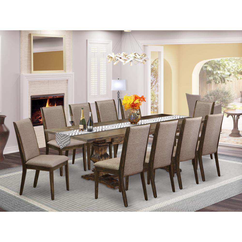 East West Furniture 11-Pc Dining Set Includes a Wooden Dining Table and 10 Dark Khaki Linen Fabric Parson Dining Chairs with High Back - Distressed Jacobean Finish. Picture 1