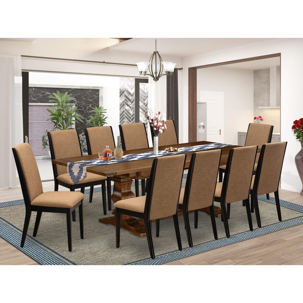 East West Furniture 11-Pieces Dinner Table Set - A Butterfly Leaf Double Pedestal Dining Table and 10 Light Sable Linen Fabric Upholstered Chairs with High Back - Antique Walnut Finish. Picture 1