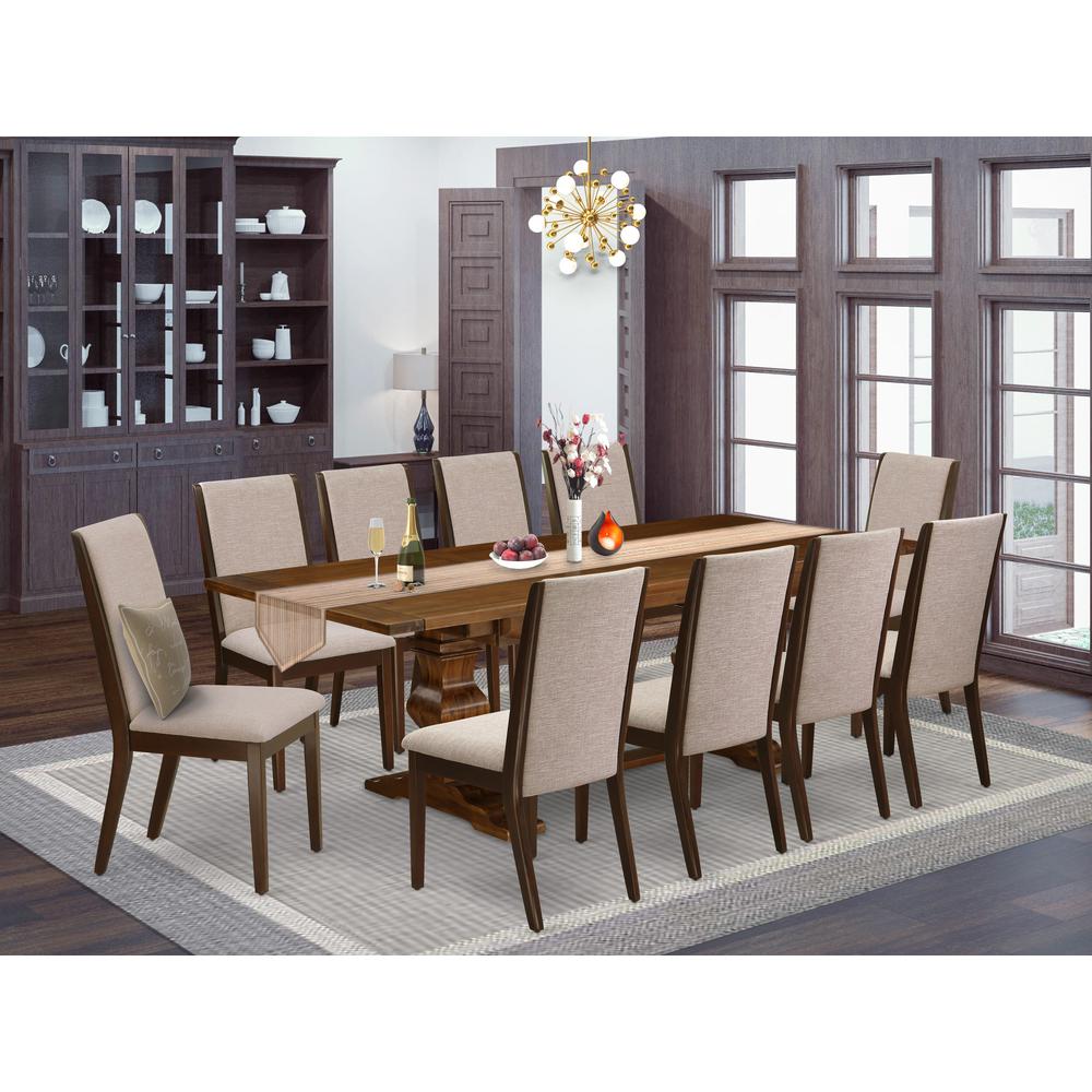 East West Furniture 11-Pieces Dining Set - A Butterfly Leaf Double Pedestal Dinner Table and 10 Light Tan Linen Fabric Upholstered Dining Chairs with High Back - Antique Walnut Finish. Picture 1