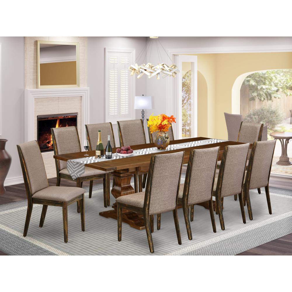 East West Furniture 11-Pieces Kitchen Table Set - A Butterfly Leaf Double Pedestal Modern Kitchen Table and 10 Dark Khaki Linen Fabric Dining Chairs with High Back - Antique Walnut Finish. Picture 1