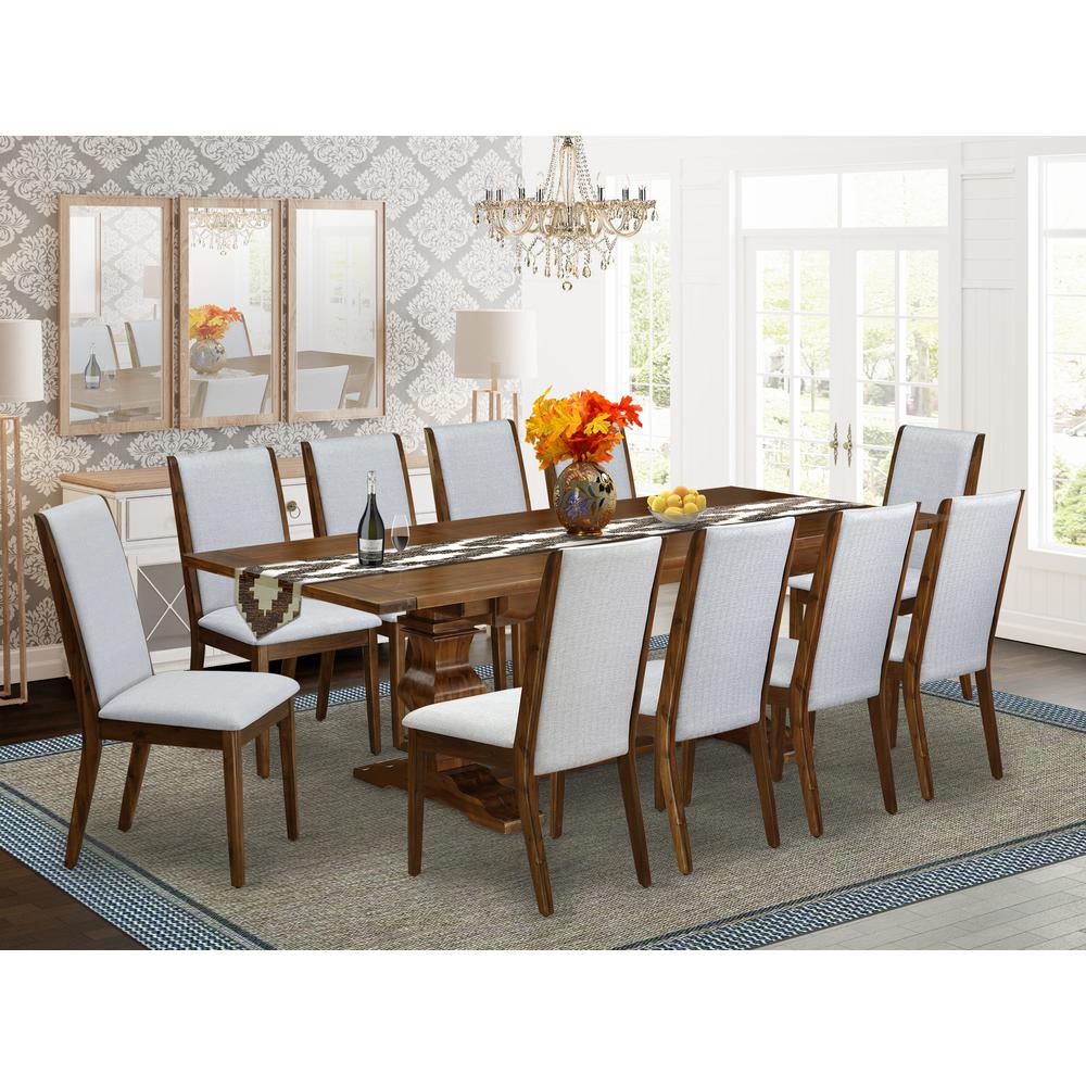 East West Furniture 11-Pieces Dining Room Set - A Butterfly Leaf Double Pedestal Dining Room Table and 10 Grey Linen Fabric Kitchen Chairs with High Back - Antique Walnut Finish. Picture 1