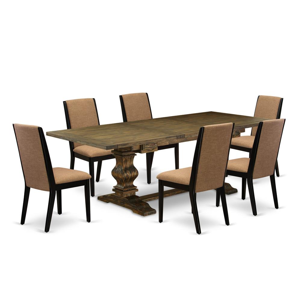 7-pc wood dining table set with Chair’s Legs and Light Sable Linen Fabric. Picture 1