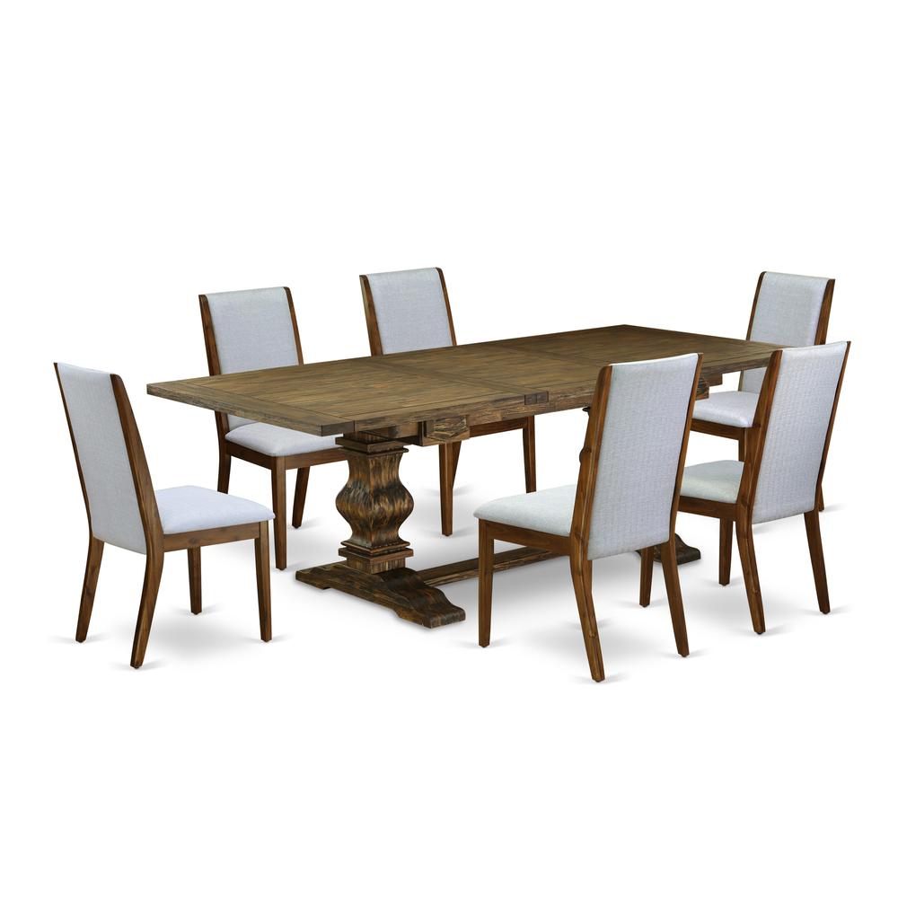 7-pc wooden dining table set with Chair’s Legs and Modern Gray Linen Fabric. Picture 1
