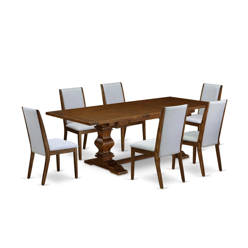 7-piece modern dining table set with Chair’s Legs and Modern Gray Linen Fabric. Picture 1