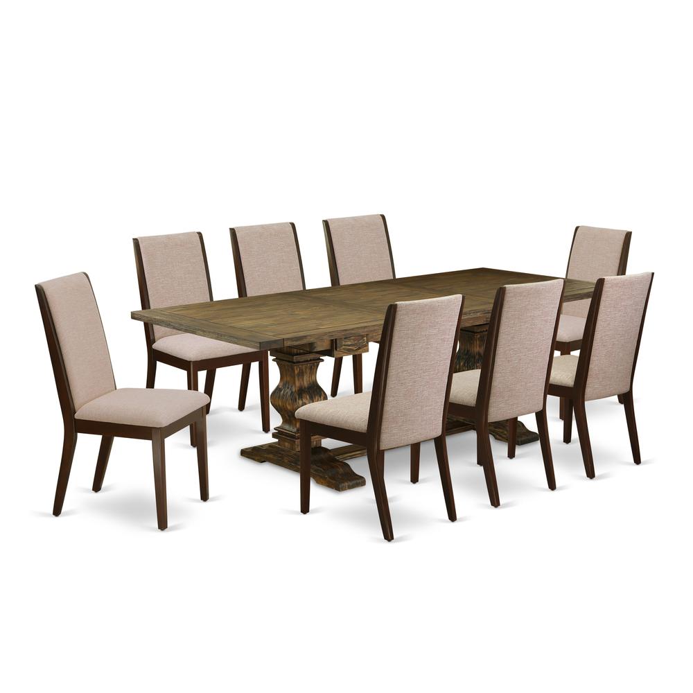 9-piece dinette set with Chair’s Legs and Light Tan Linen Fabric. Picture 1