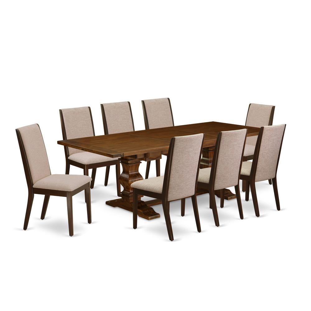 9-pc kitchen table set with Chair’s Legs and Light Tan Linen Fabric. Picture 1