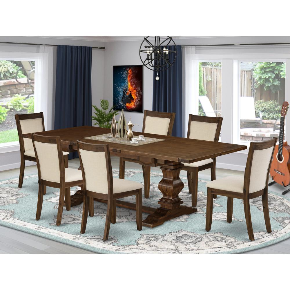 East West Furniture 7-Pieces Table Set - 1 Rectangular Dining Table with Double Pedestal and 6 Light Beige Linen Fabric Wood Dining Chairs with Stylish High Back - Antique Walnut Finish. Picture 1
